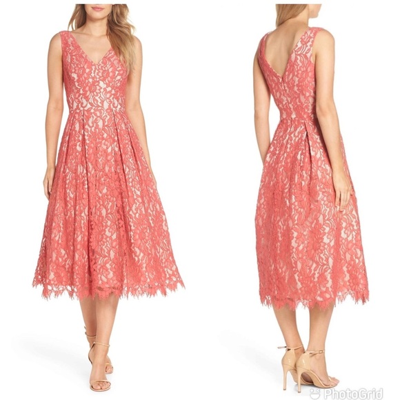 ELIZA J Lace Midi Dress Sleeveless A-Line V Neckline Dusty Coral Red Size 6 NWOT - Picture 3 of 16